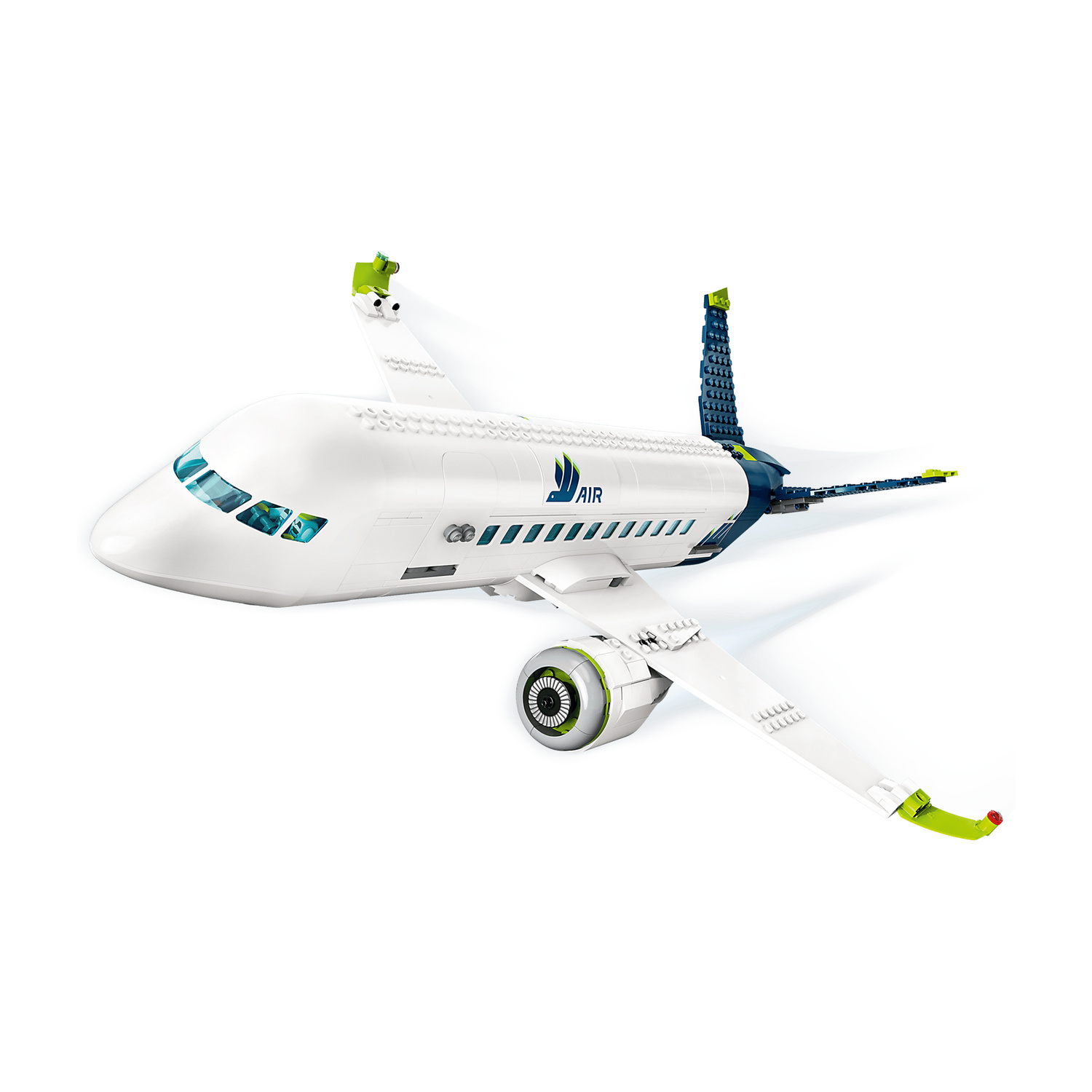 Un aereo giocattolo bianco con accenti blu e verdi su sfondo bianco.
