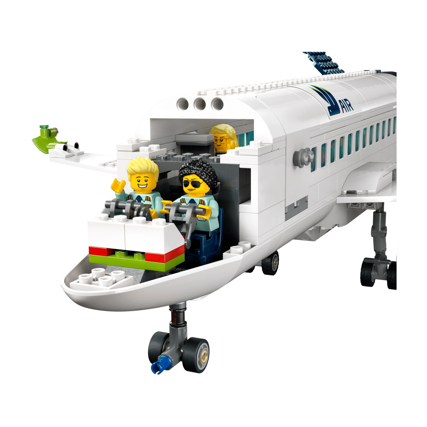 Aeroplano Lego con piloti ed equipaggio in cabina, livrea bianca.