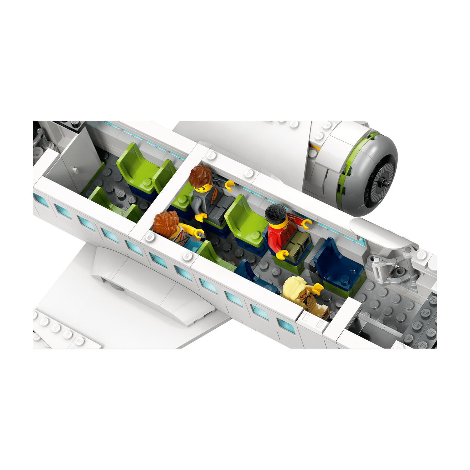 Interno di aereo Lego con quattro figure sedute.