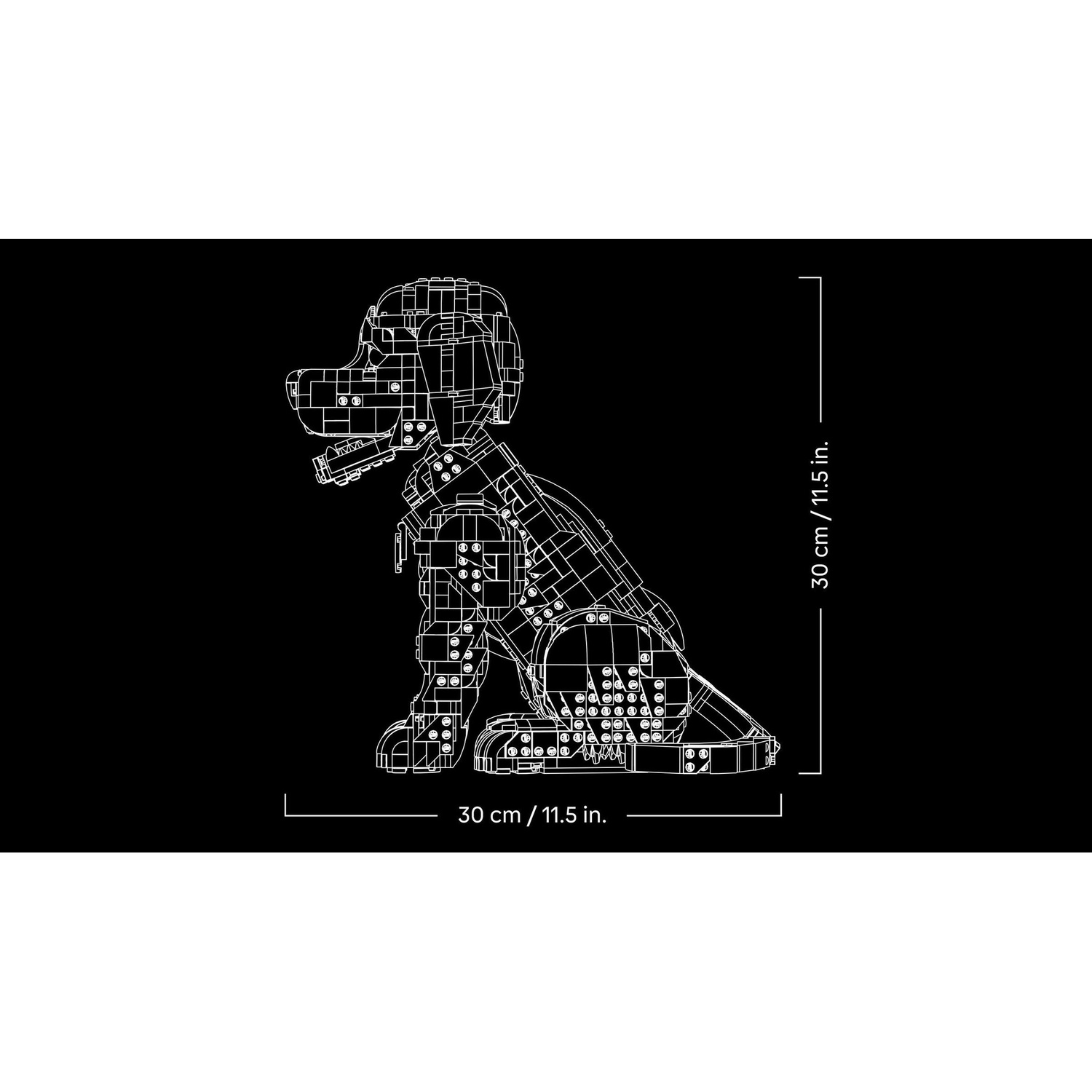 Un disegno al tratto bianco di un cane robot su sfondo nero, alto 30cm/11.5in.