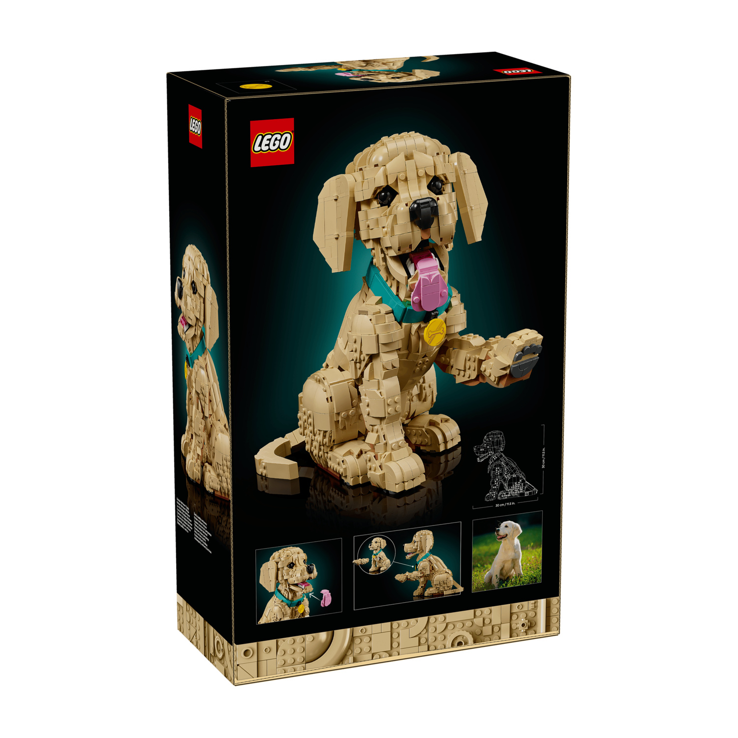 Scatola Lego mostra un cane costruibile con lingua fuori e collare.