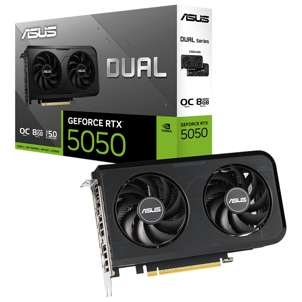 ASUS Dual RTX 5050 ekran kartı, 8GB VRAM, çift fanlı, siyah arka plan üzerinde.