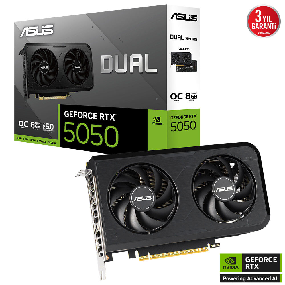 ASUS GeForce RTX 5050 çift fanlı ekran kartı ve kutusu.