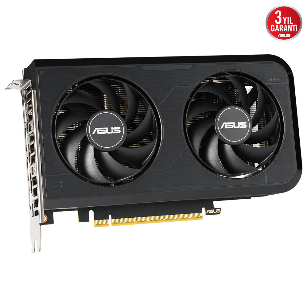 İki fanlı ve gümüş braketli siyah ASUS ekran kartı. 3 yıl garanti etiketi.