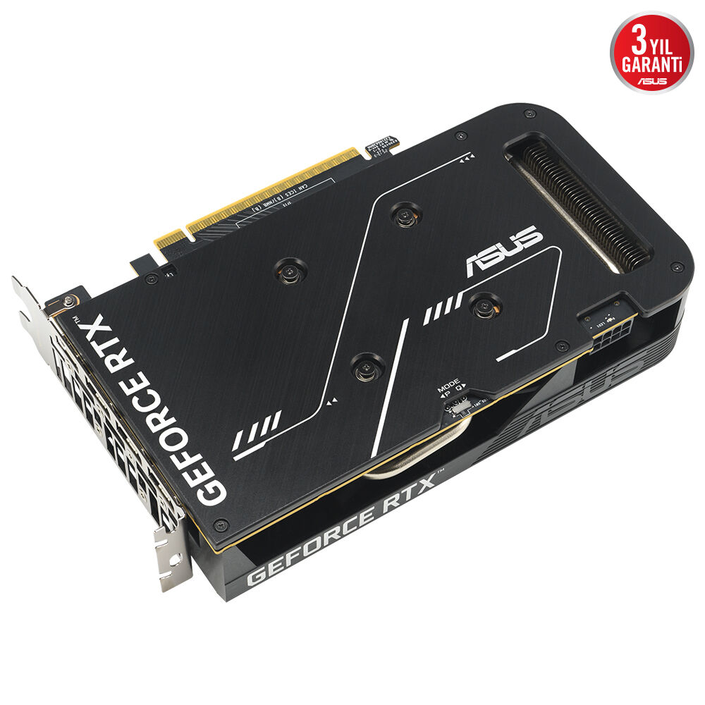 Gümüş vurgulara ve '3 Yıl Garanti' logosuna sahip siyah Asus GeForce RTX ekran kartı.