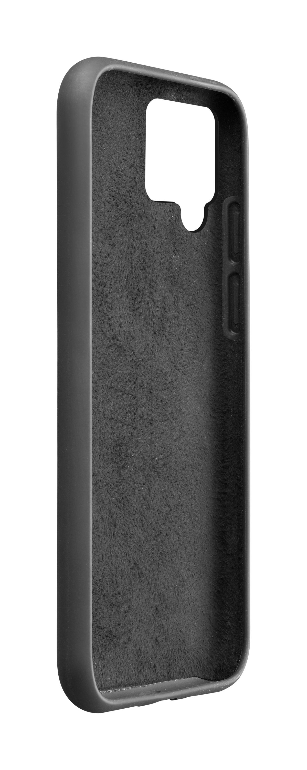 Funda de teléfono gris con forro interior esponjoso y recorte.