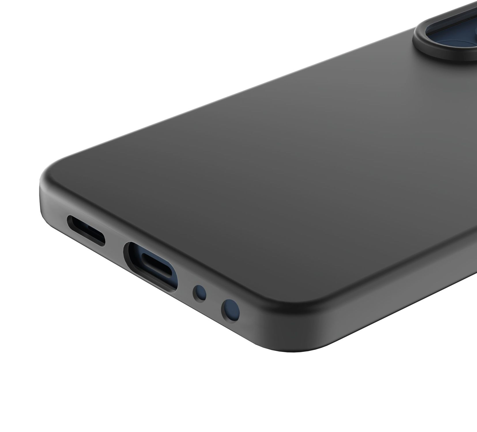 Funda de teléfono negra con recortes para puertos y altavoces.