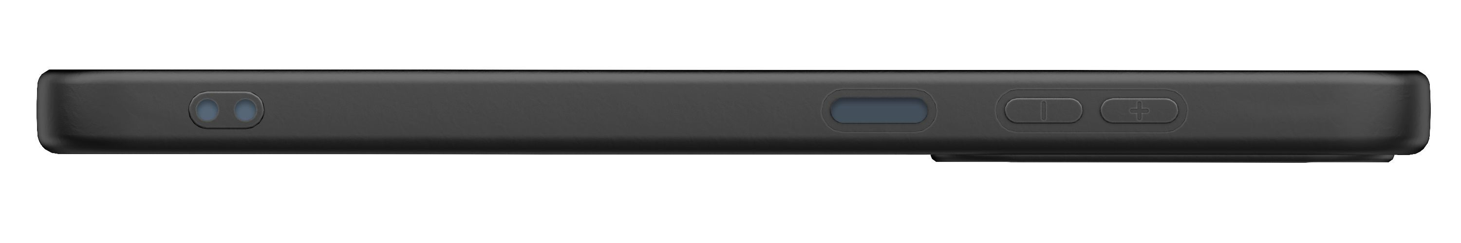 Funda de teléfono negra con dos lentes de cámara y botones de volumen.