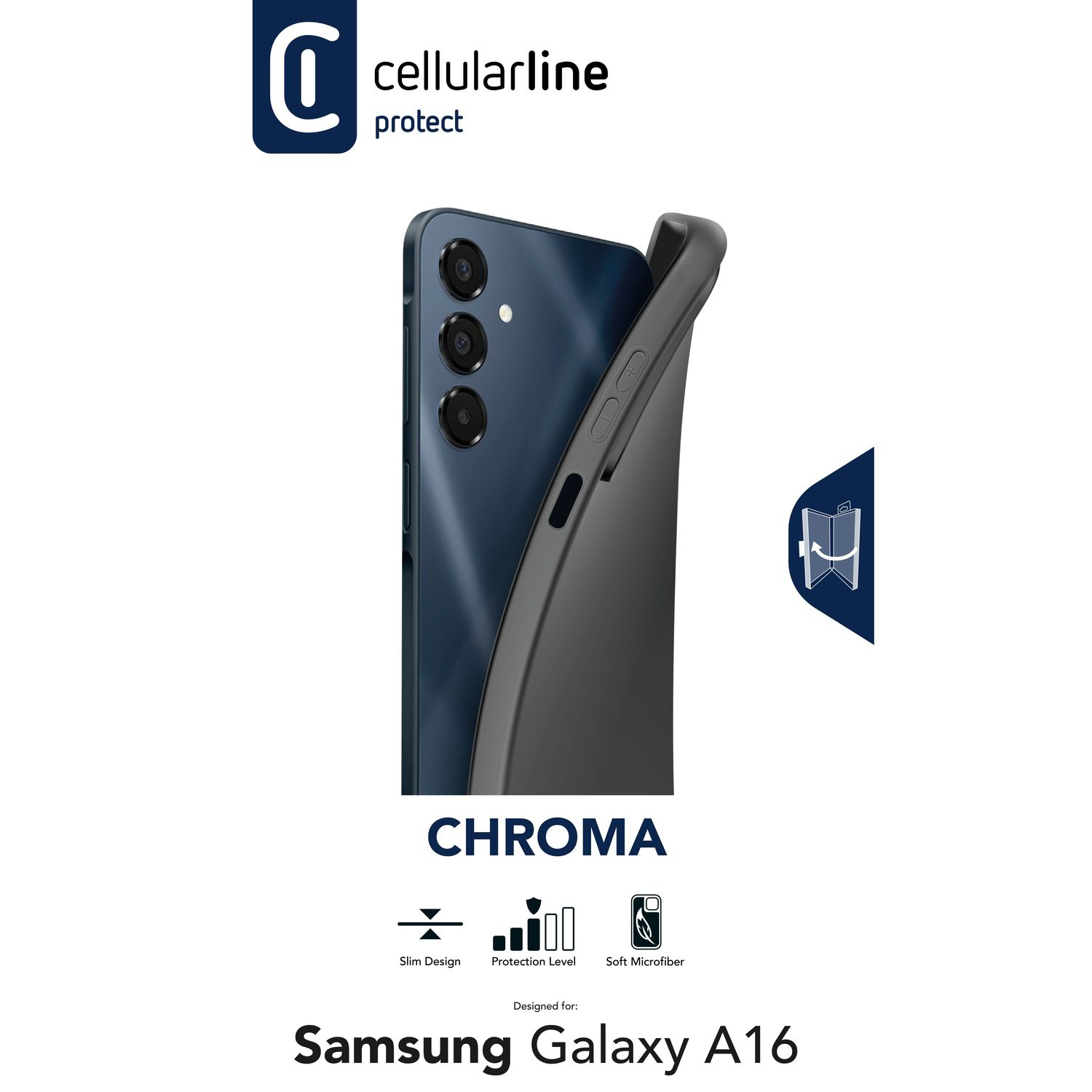 Packaging funda: Logo CellularLine, móvil negro con funda negra. Texto: "Chroma, Slim Design, Protection Level, Soft Microfiber, designed for Samsung Galaxy A16".