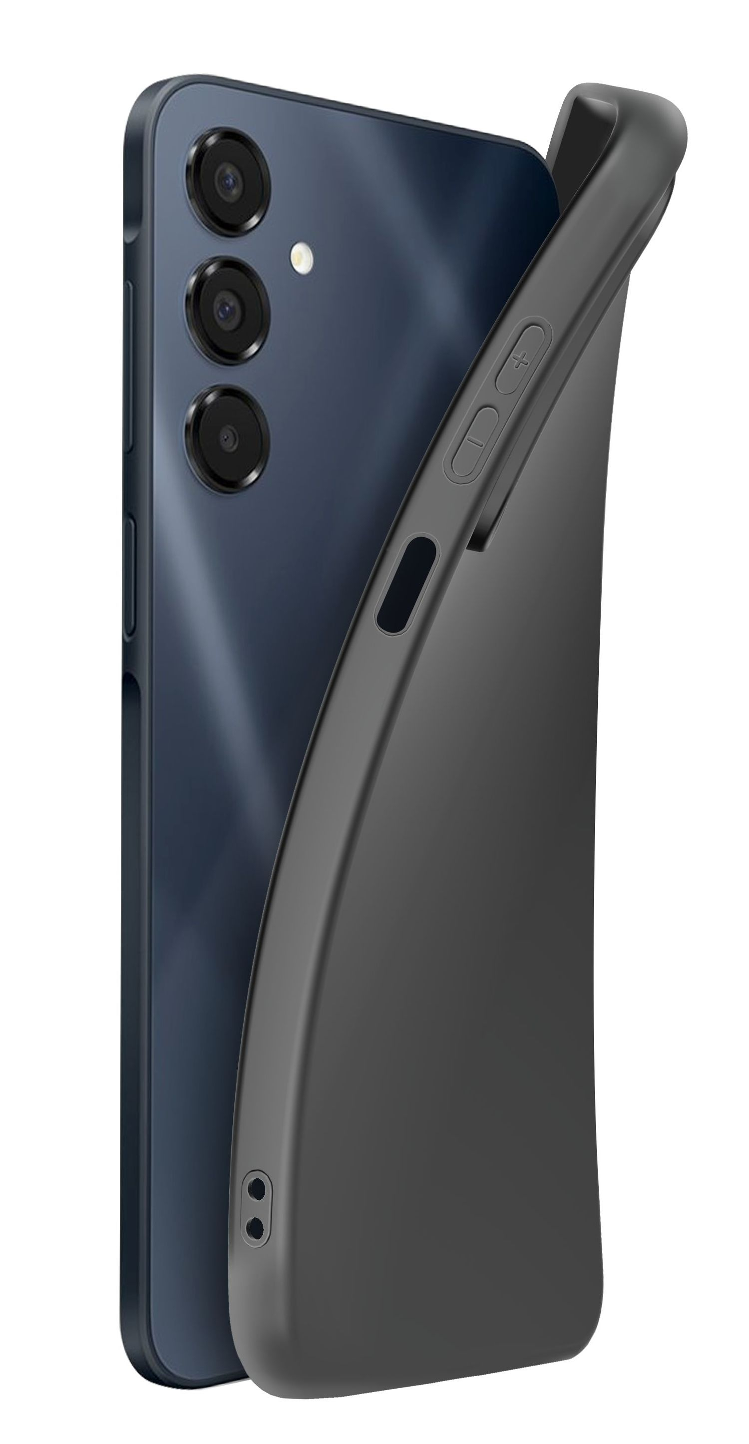 Teléfono inteligente azul oscuro con tres cámaras detrás de una funda negra.