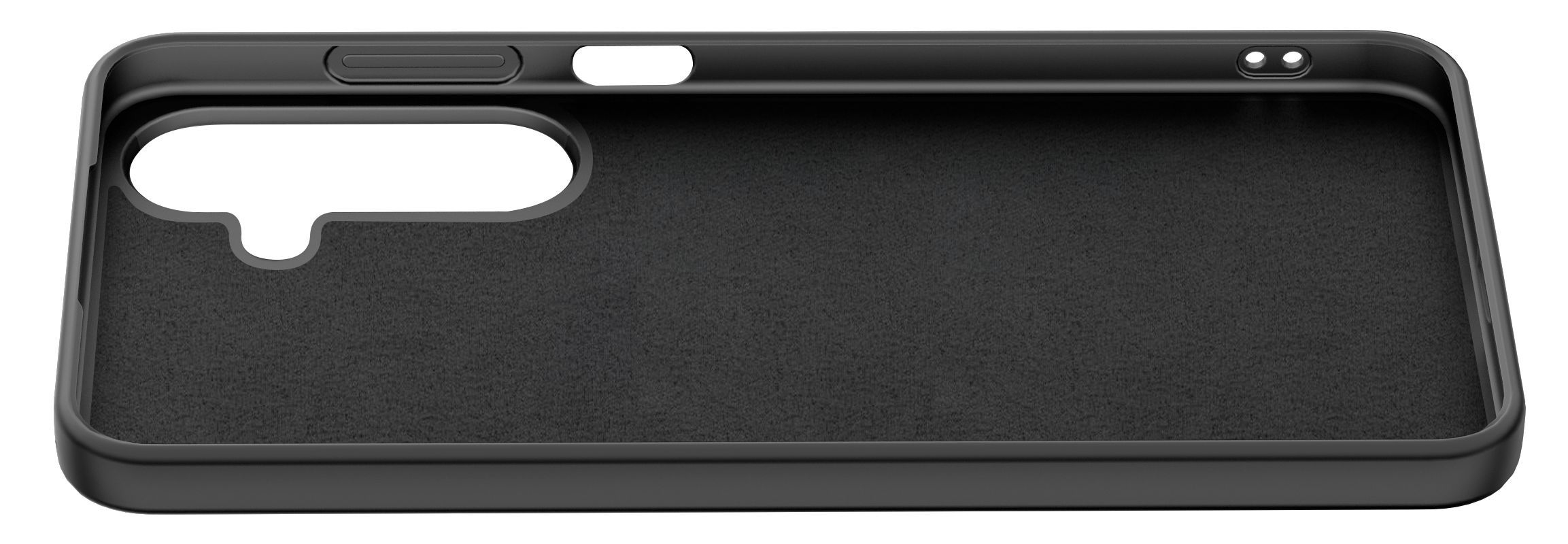 Funda de teléfono negra con recortes para cámara y botones.