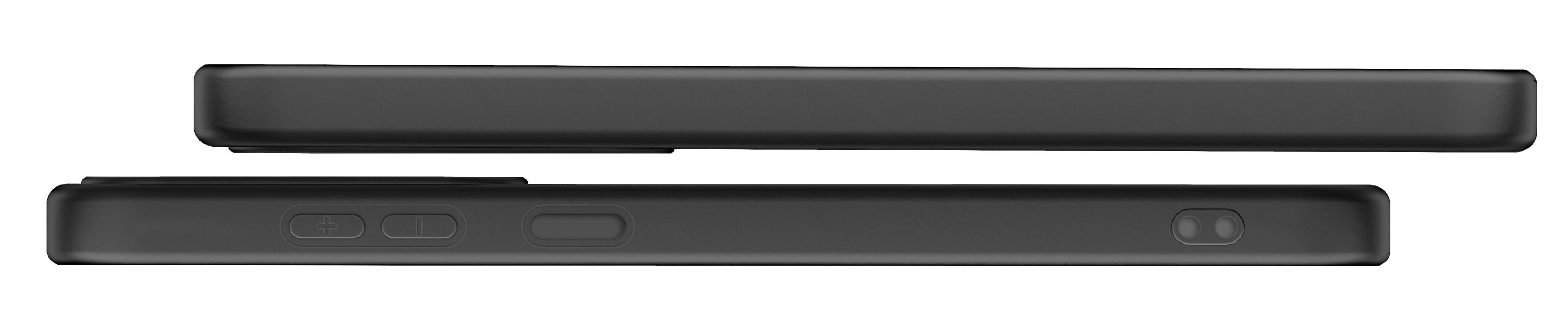 Arriba: Una funda de teléfono negra. Abajo: Una funda de teléfono negra con botones.