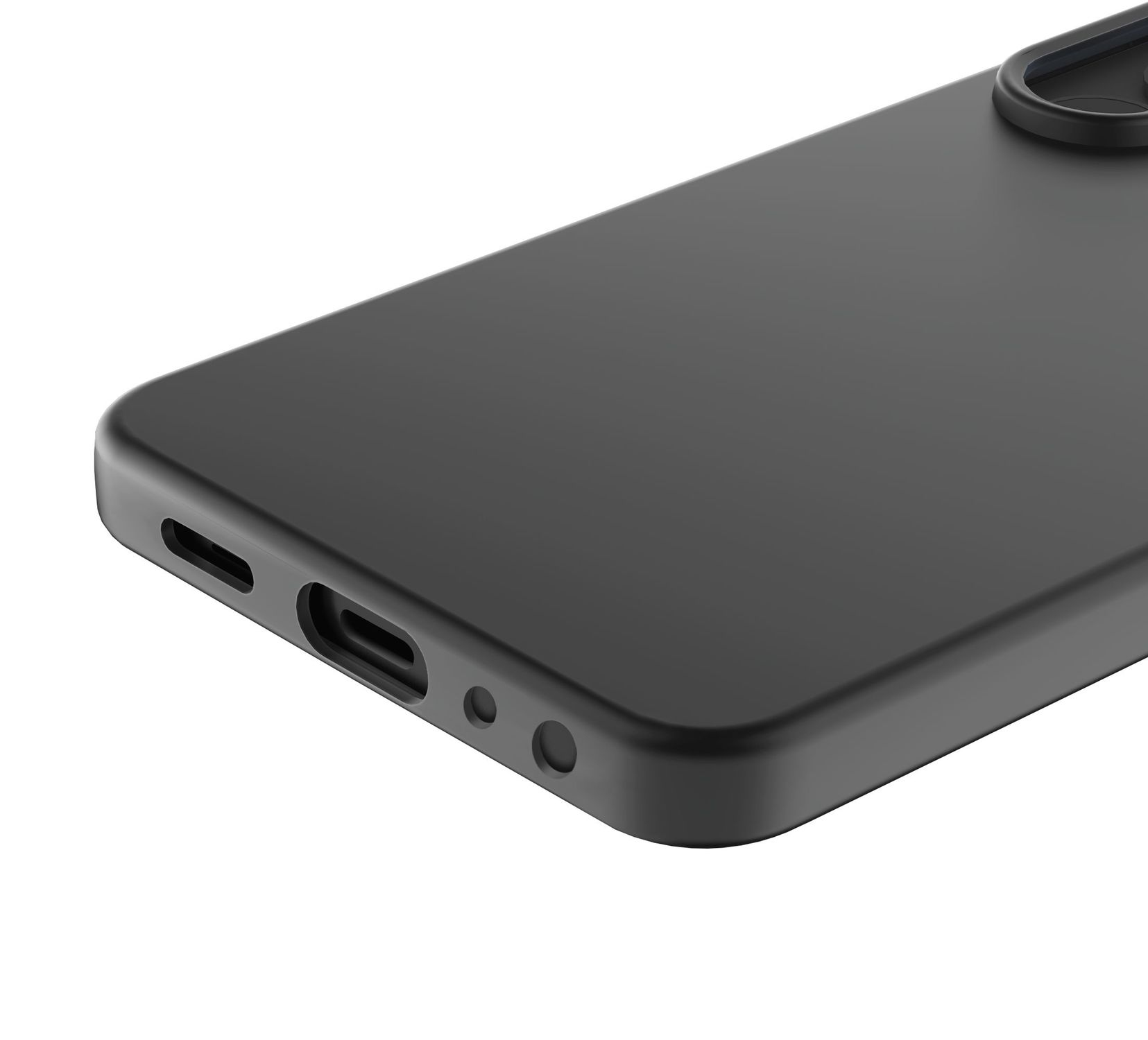 Una funda de teléfono negra con recortes para puertos y altavoces.