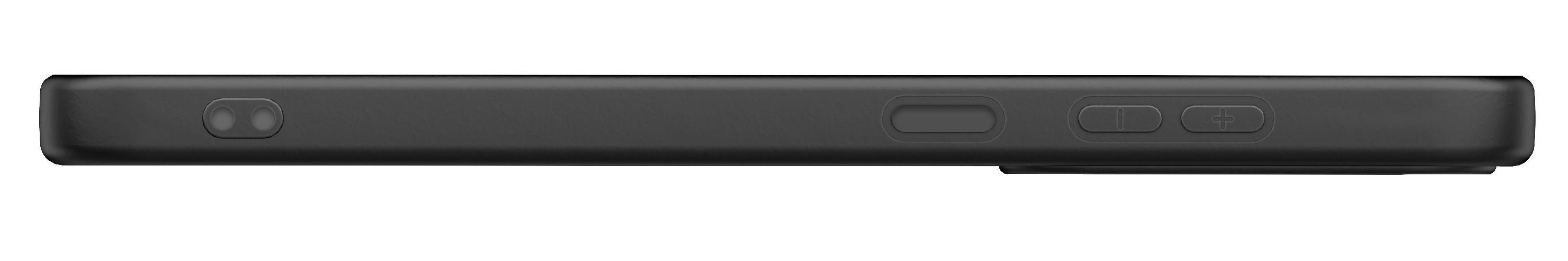Funda de smartphone negra con dos lentes de cámara y botones de volumen.