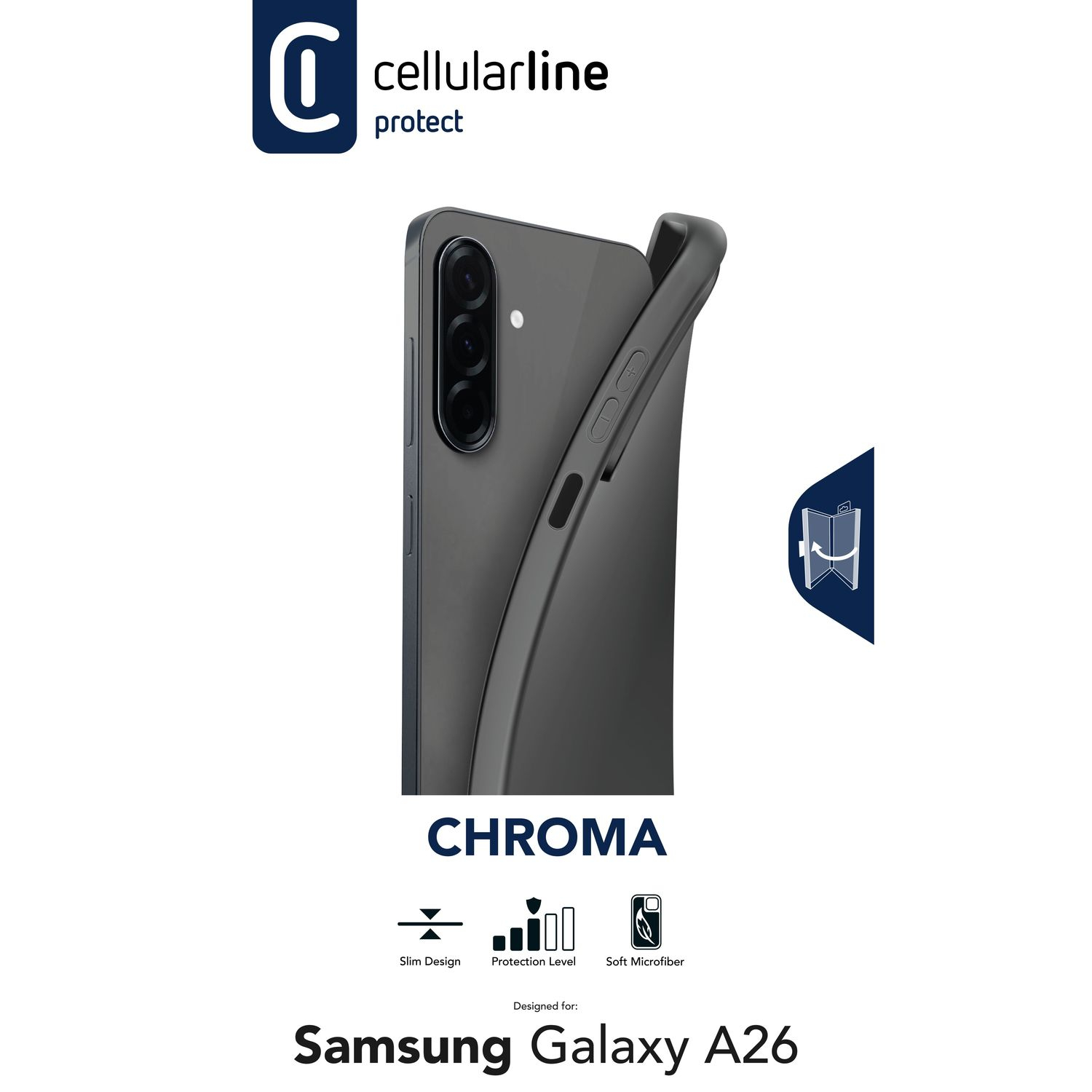 Packaging funda: Logo CellularLine, móvil negro con funda negra. Texto: "Chroma, Slim Design, Protection Level, Soft Microfiber, designed for Samsung Galaxy A26".