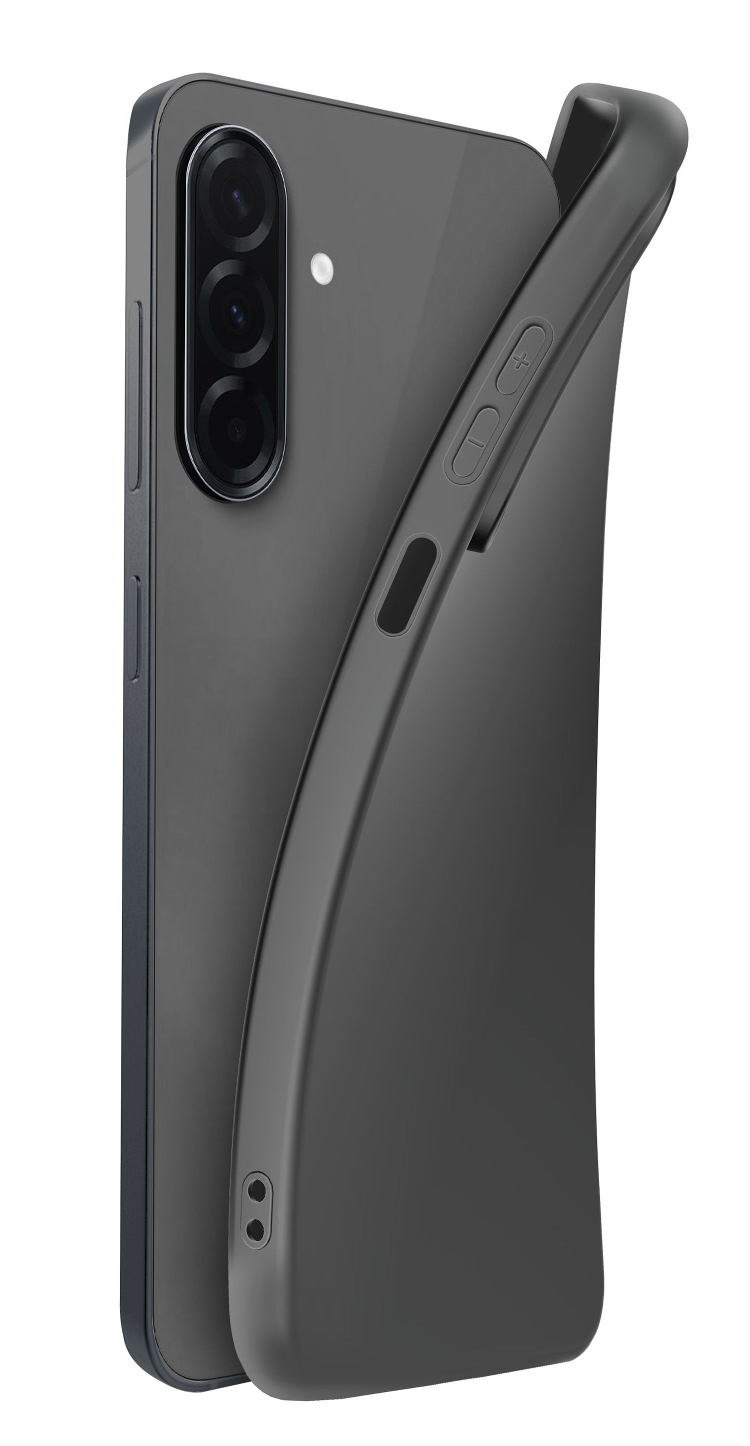 Un smartphone oscuro con tres cámaras y una funda.