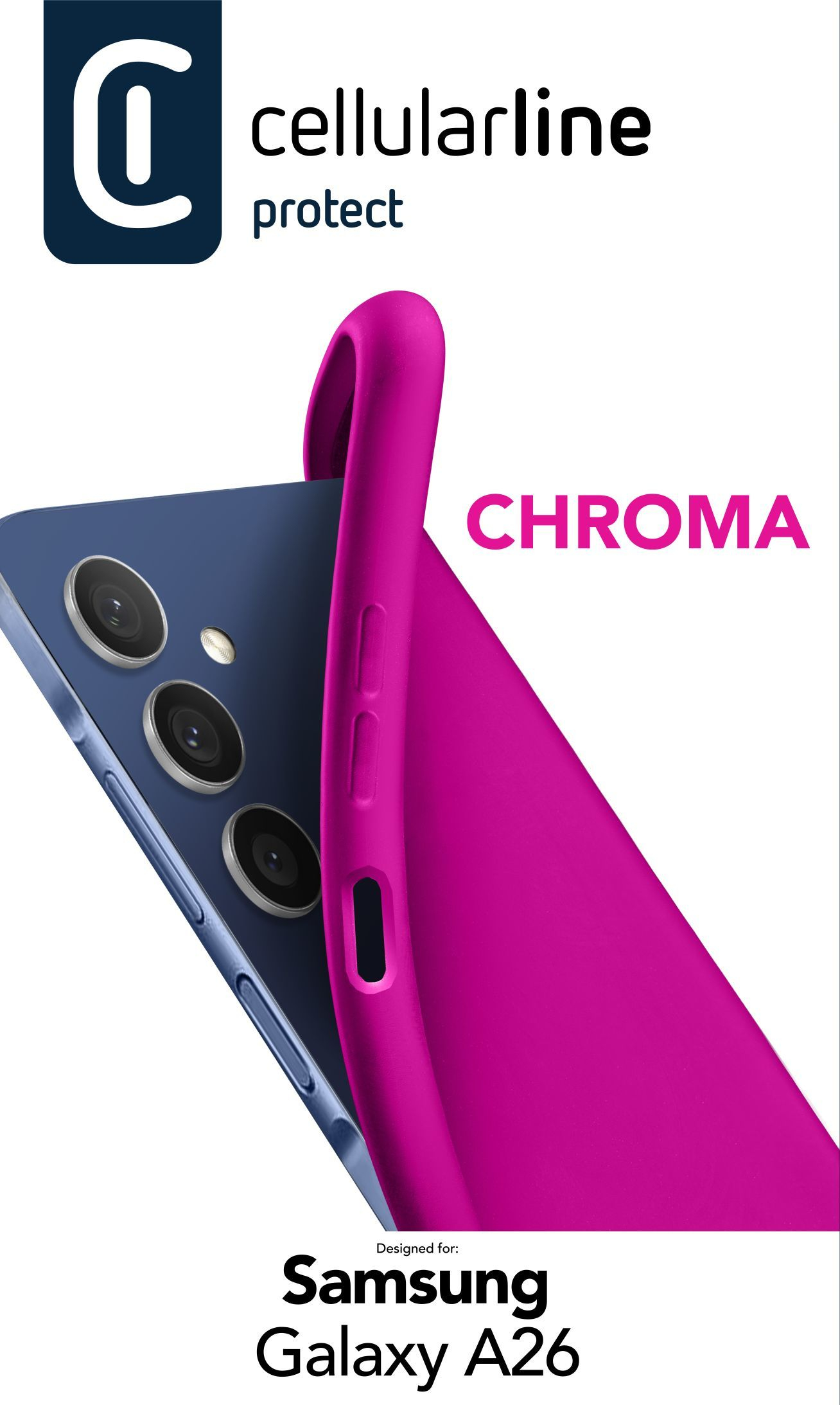 "Packaging funda: Logo CellularLine protect, smartphone azul con la funda rosa puesta. Texto: "Chroma, designed for Samsung Galaxy A26".