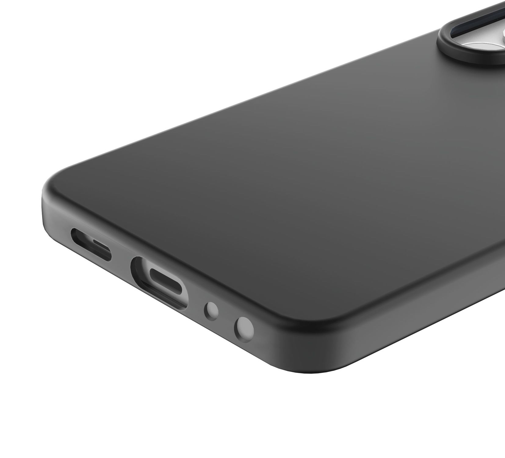 Funda de teléfono negra con recortes para puertos y altavoces.