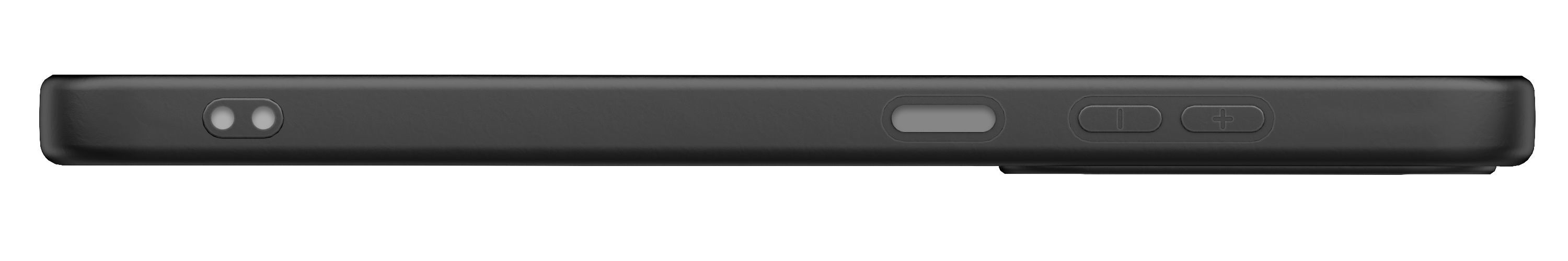 Funda de teléfono negra con dos lentes de cámara, un botón lateral y botones de volumen.