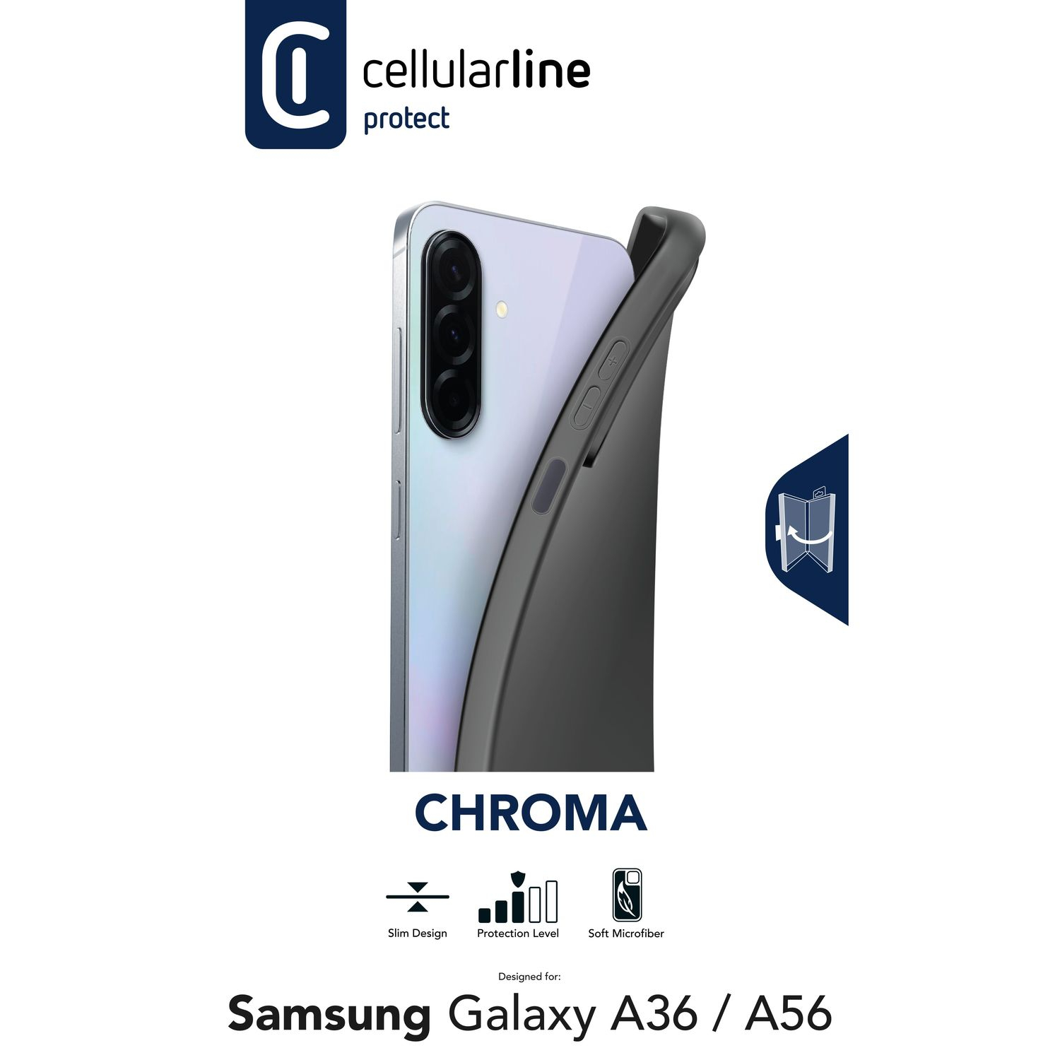 "Packaging funda: Logo CellularLine, móvil blanco con funda negra. Texto: "Chroma, Slim Design, Protection Level, Soft Microfiber, designed for Samsung Galaxy A36/A56".