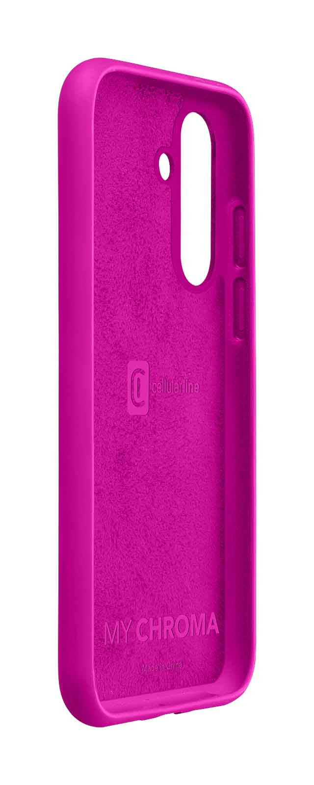 El interior de una funda de teléfono rosa con logo y texto.