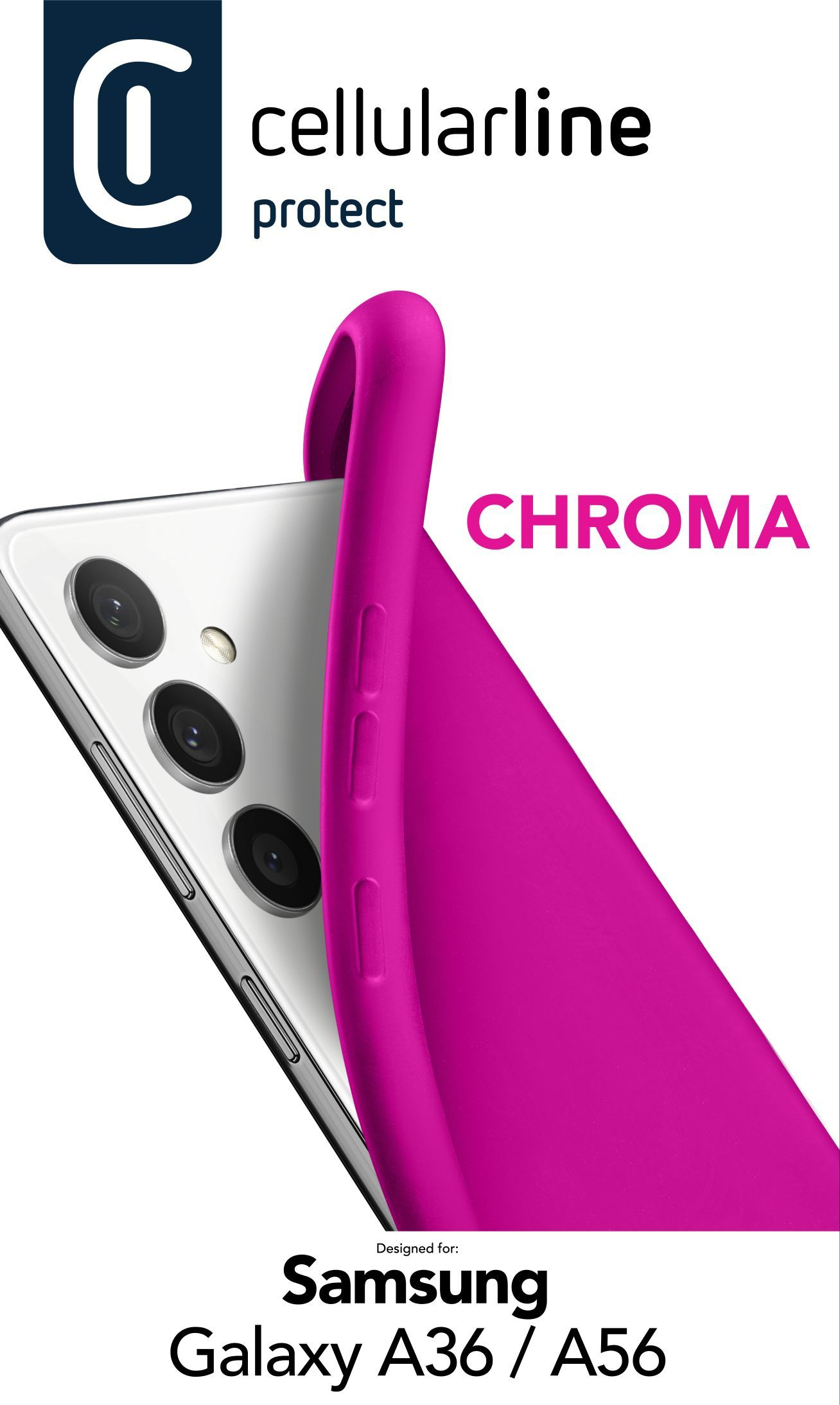 Packaging funda: Logo CellularLine protect, smartphone blanco con la funda rosa puesta. Texto: "Chroma, designed for Samsung Galaxy A36/A56".
