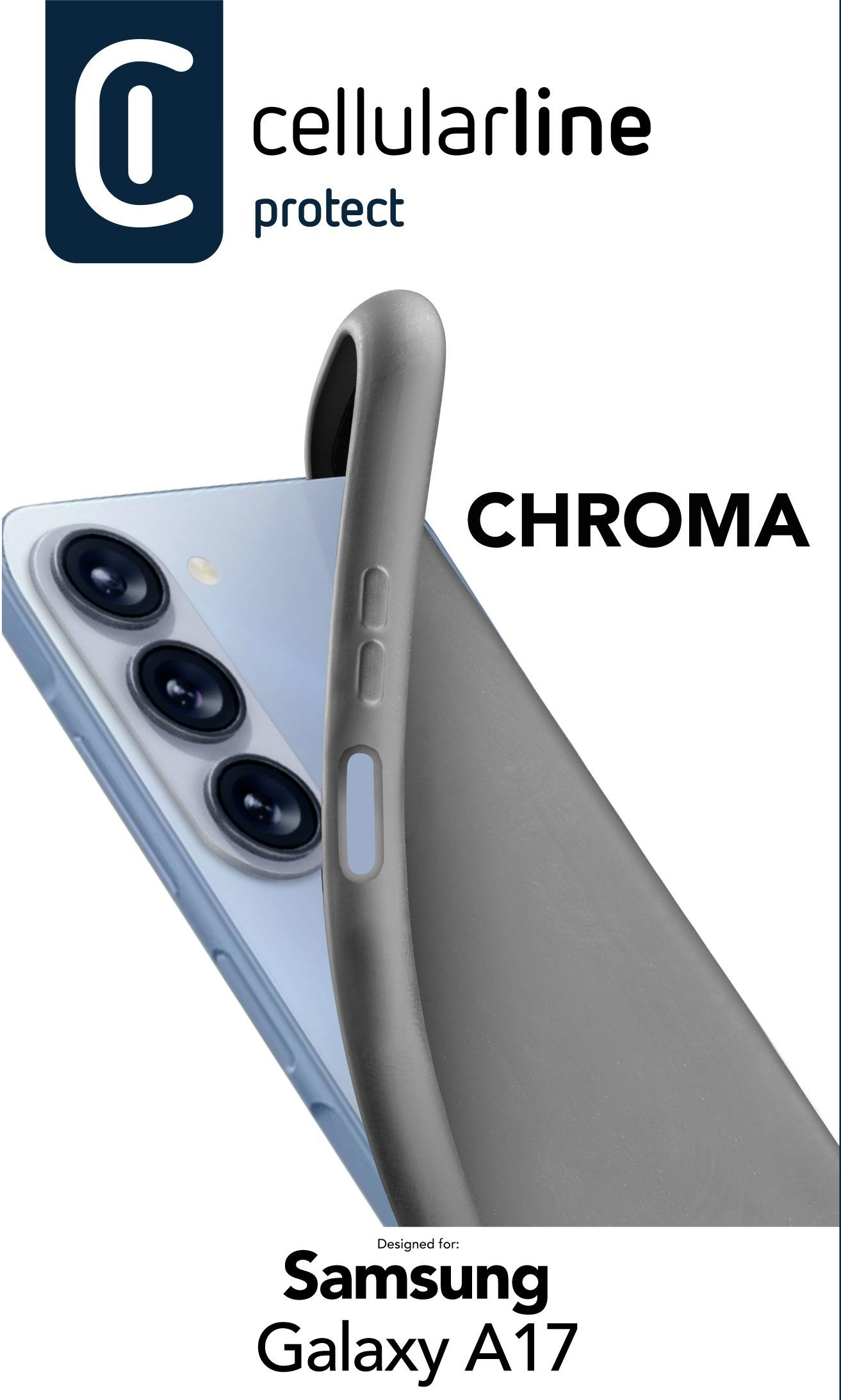 Packaging funda: Logo CellularLine, móvil blanco con funda negra. Texto: "Chroma, designed for Samsung Galaxy A17".