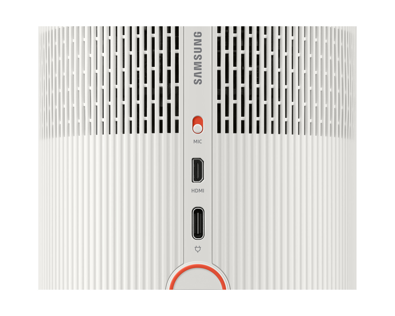 Nahaufnahme eines weißen Samsung-Geräts mit HDMI-, USB-C-Anschlüssen und MIC-Taste.