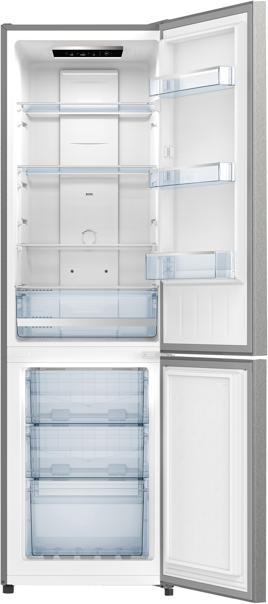 Ein offener Kühlschrank mit Glasregalen, Schubladen und einem Bedienfeld oben.