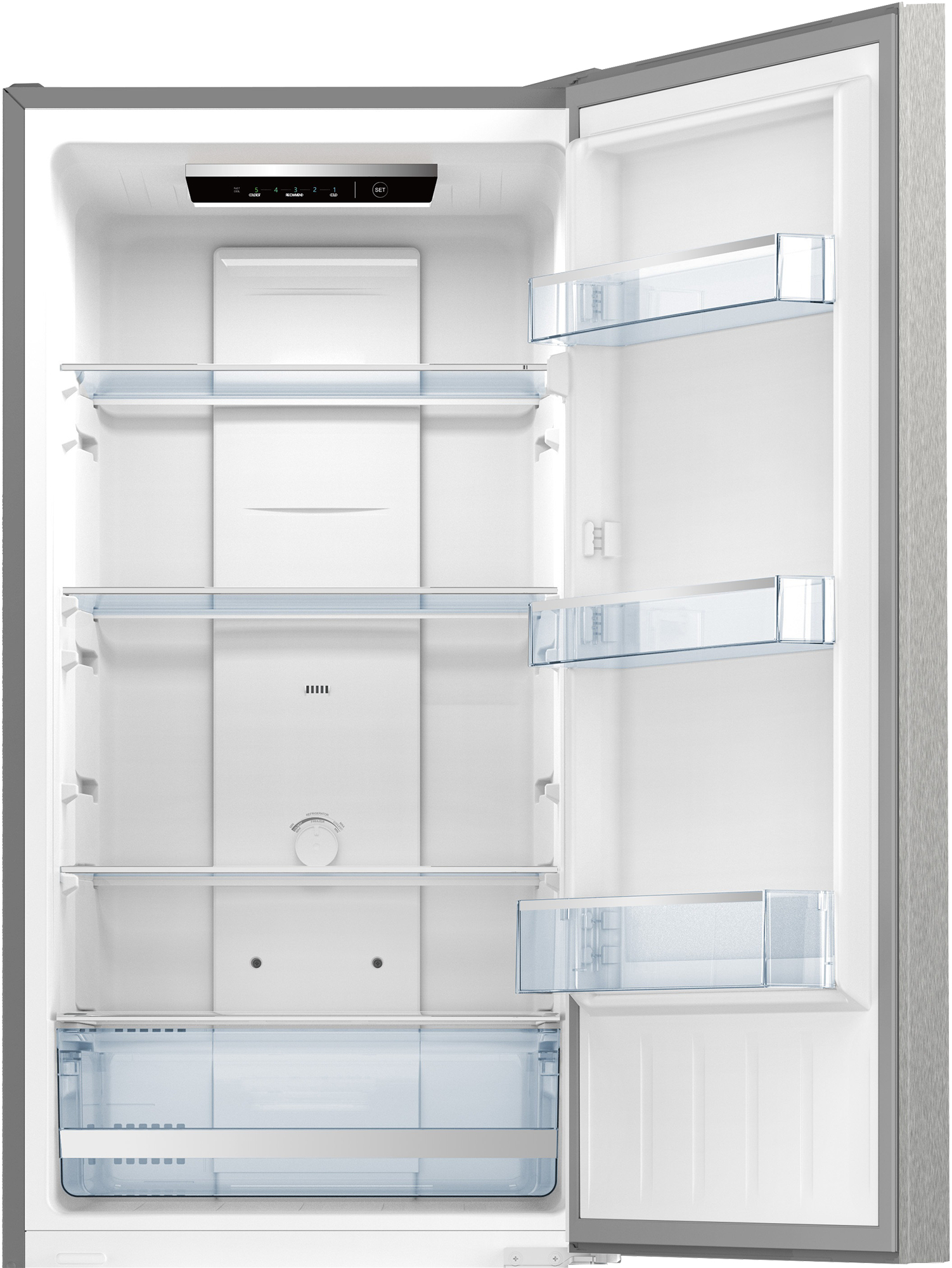 Ein leerer, offener Kühlschrank mit Glasablagen und Schubladen.