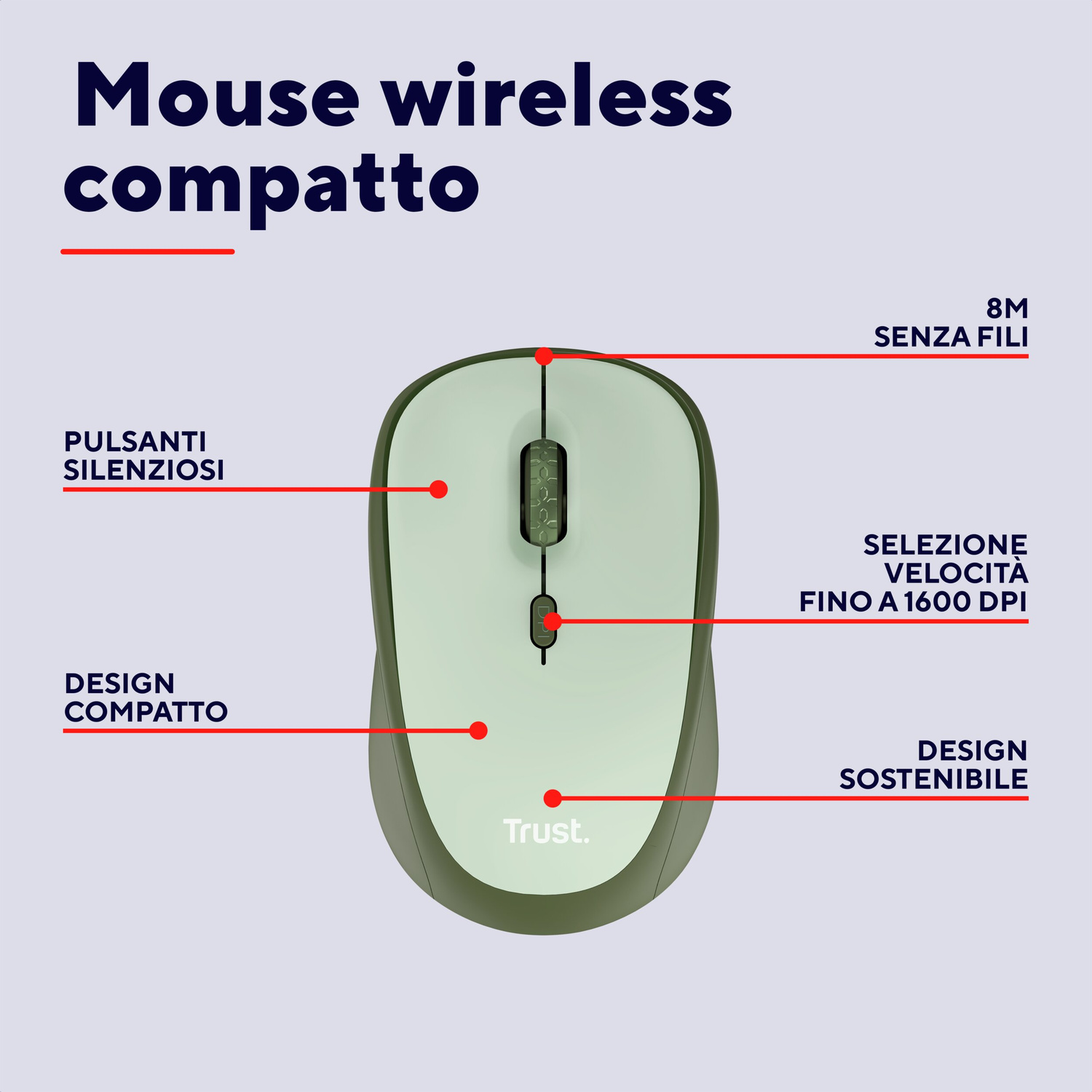 Mouse wireless compatto con pulsanti silenziosi, portata 8m, selezione DPI e design sostenibile.