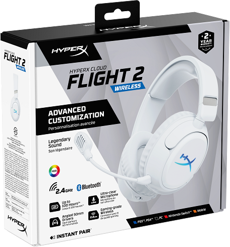 Fehér HyperX Cloud Flight 2 vezeték nélküli fejhallgató doboza mikrofonnal és funkciókkal.