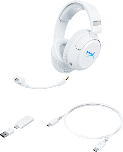 Fehér fejhallgató mikrofonnal, USB-adapterrel és kábellel fekete háttéren.