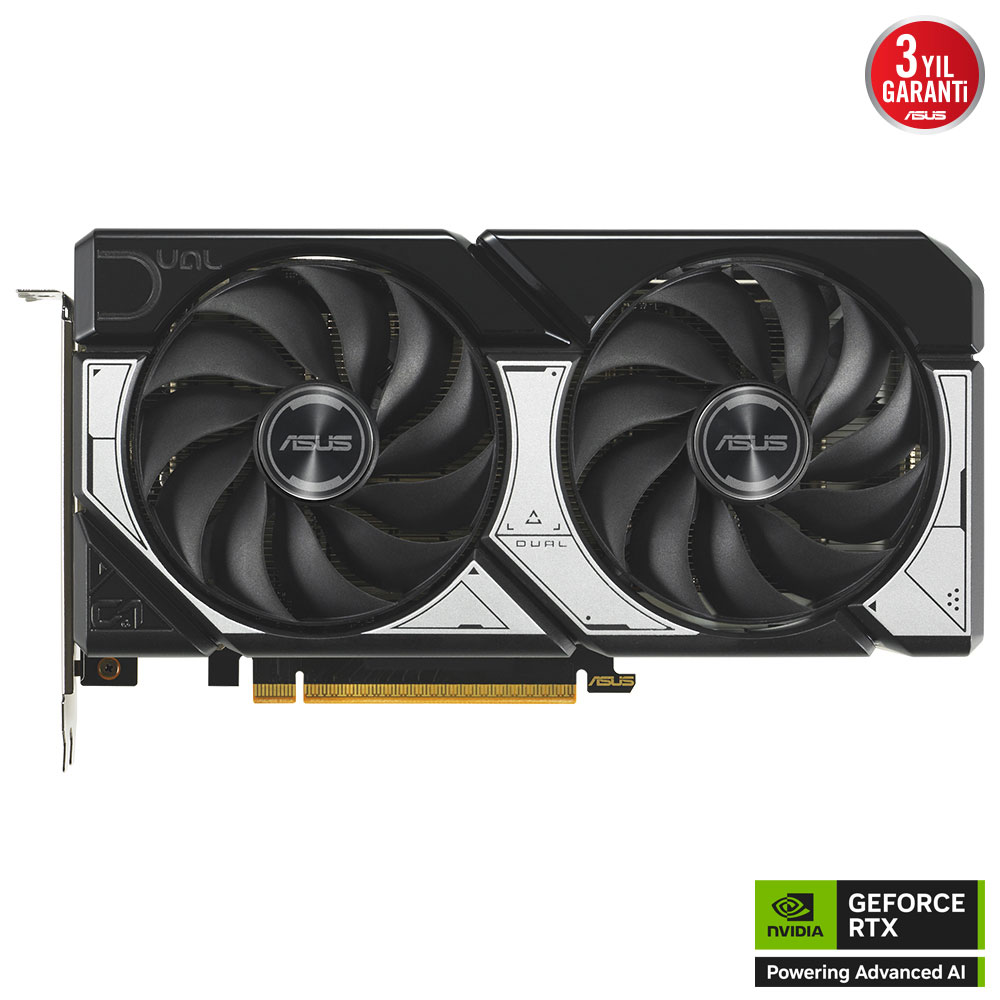 Gümüş vurgulu, iki fanlı siyah ASUS ekran kartı.