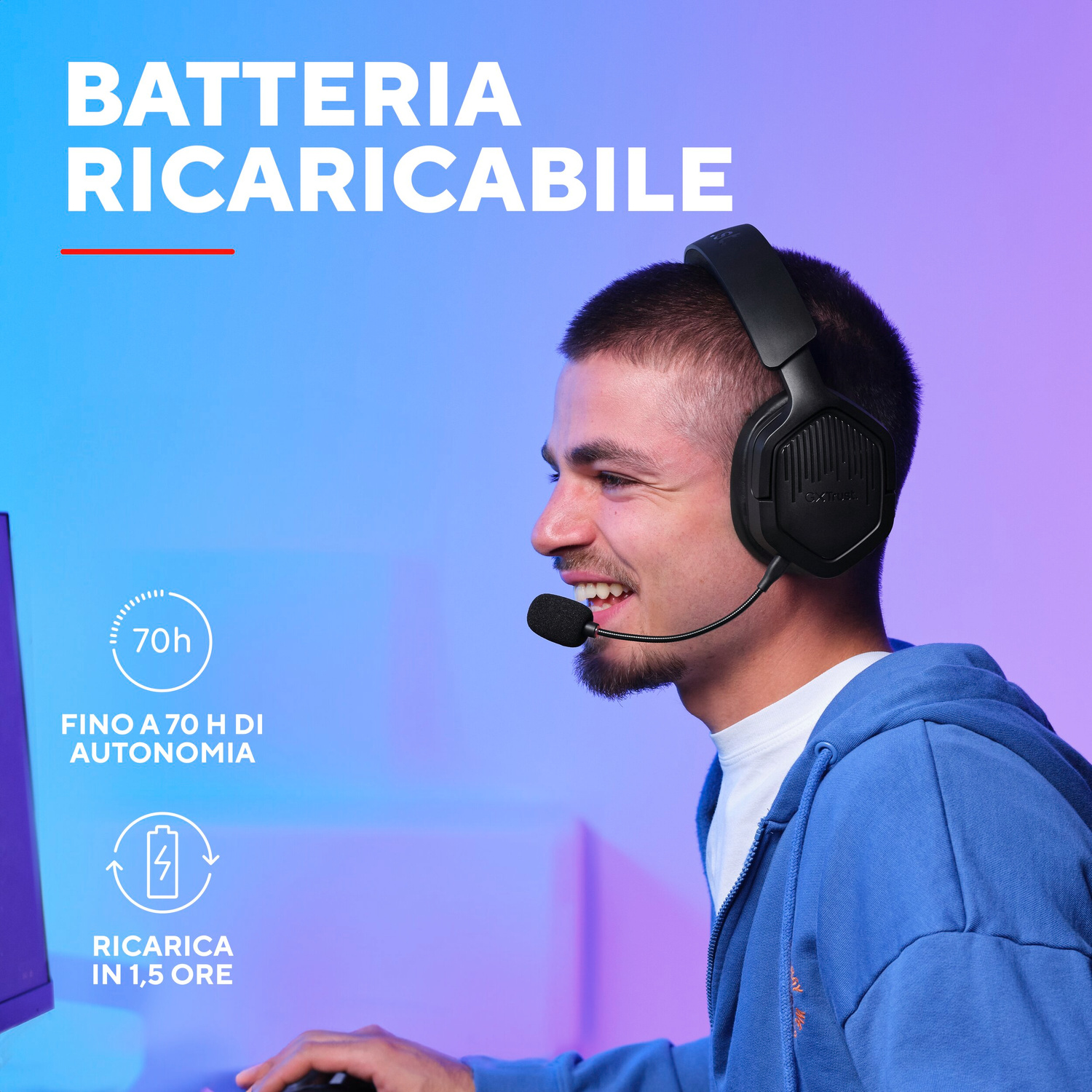 Uomo con cuffie, batteria 70h, ricarica 1,5h.