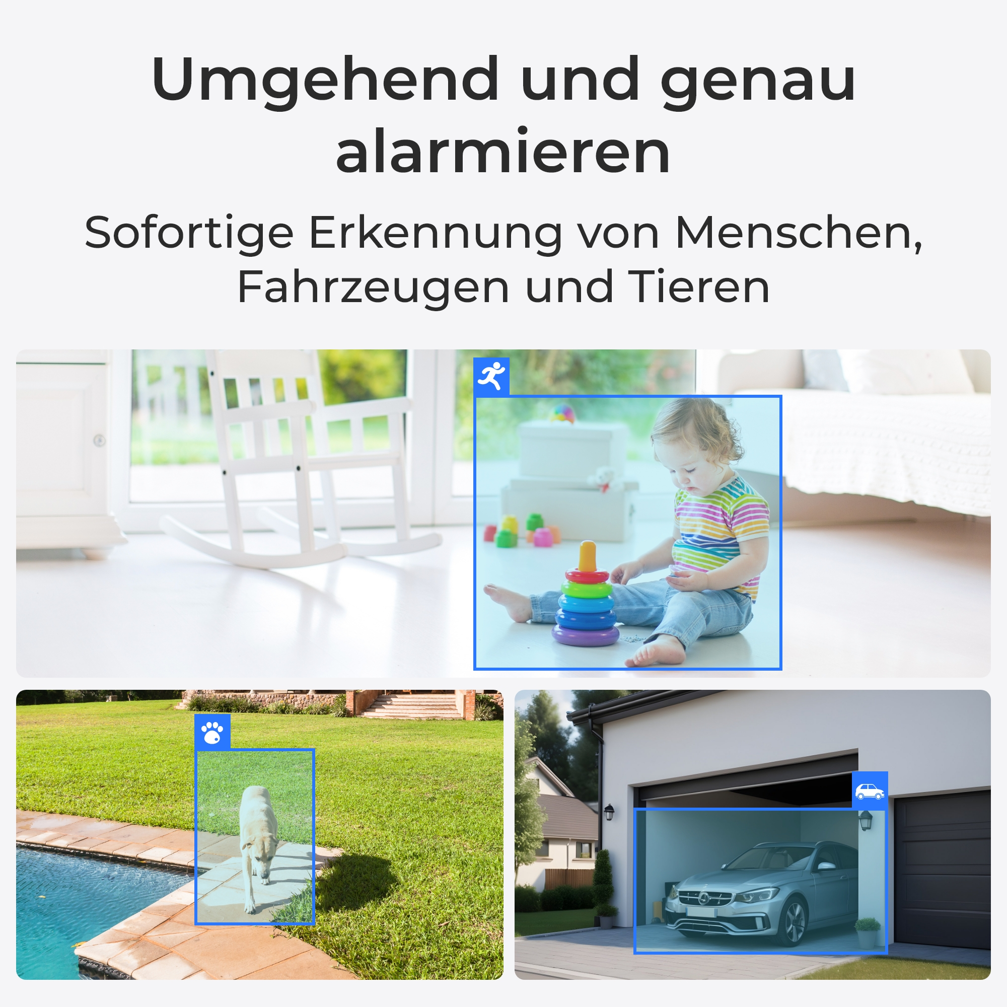 Ein Baby spielt mit Spielzeug, ein Hund geht im Garten, ein Auto steht in der Garage.