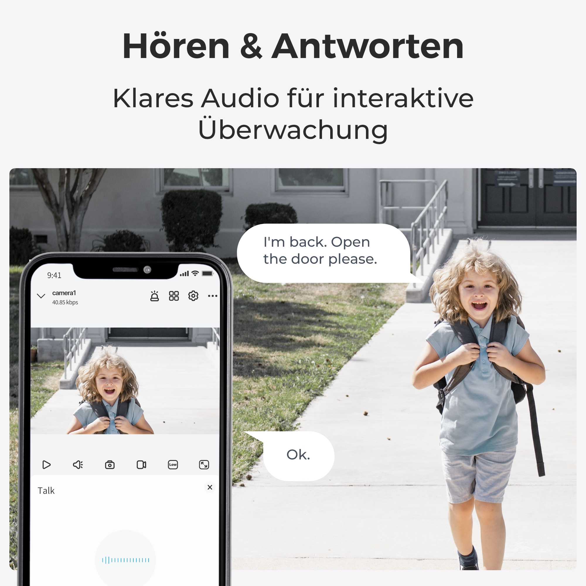 Ein Junge mit Rucksack läuft auf einem Weg. Ein Handy zeigt die Überwachungskamera.
