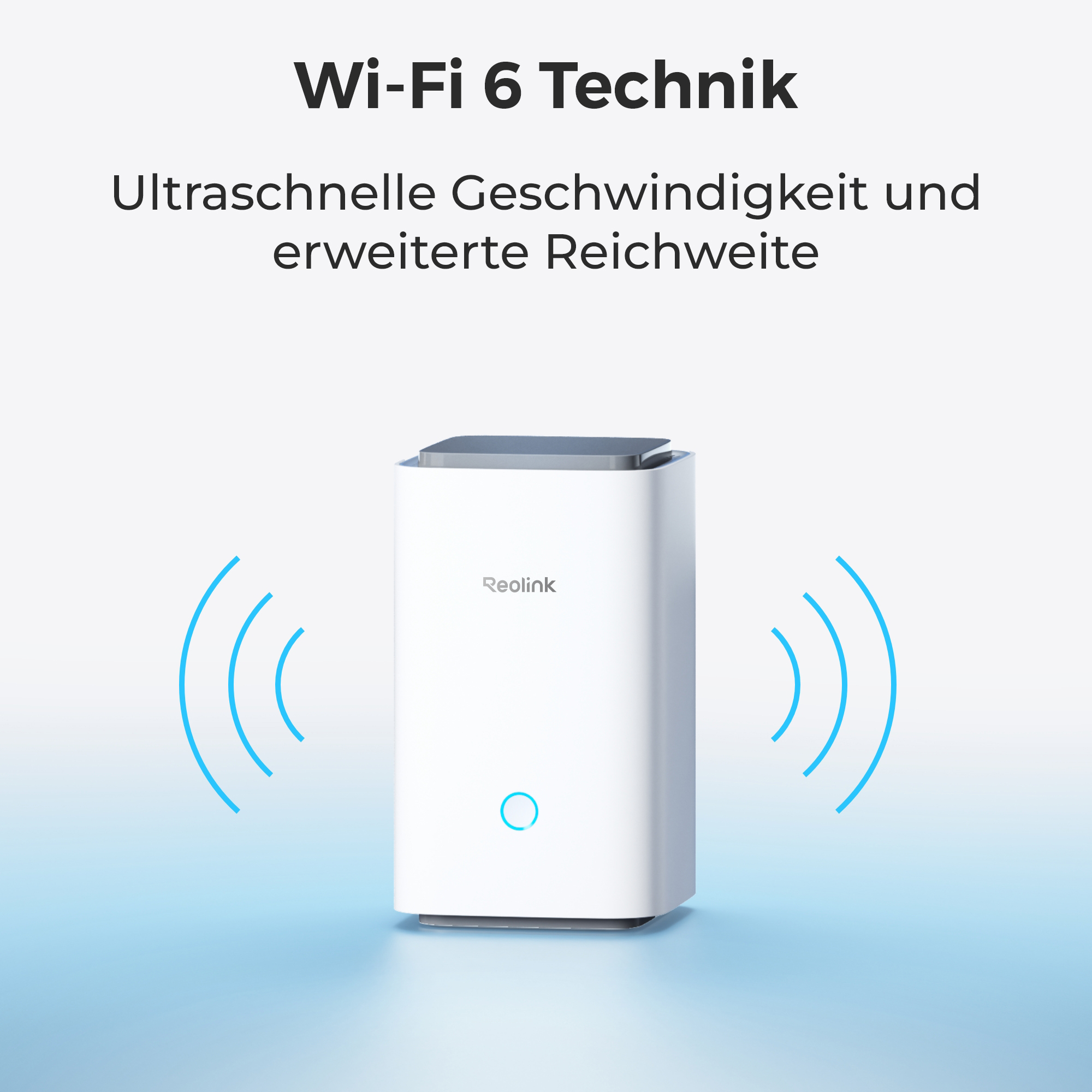 Ein weißer Router mit blauen Wellenlinien, die Wi-Fi 6 Technik zeigen.