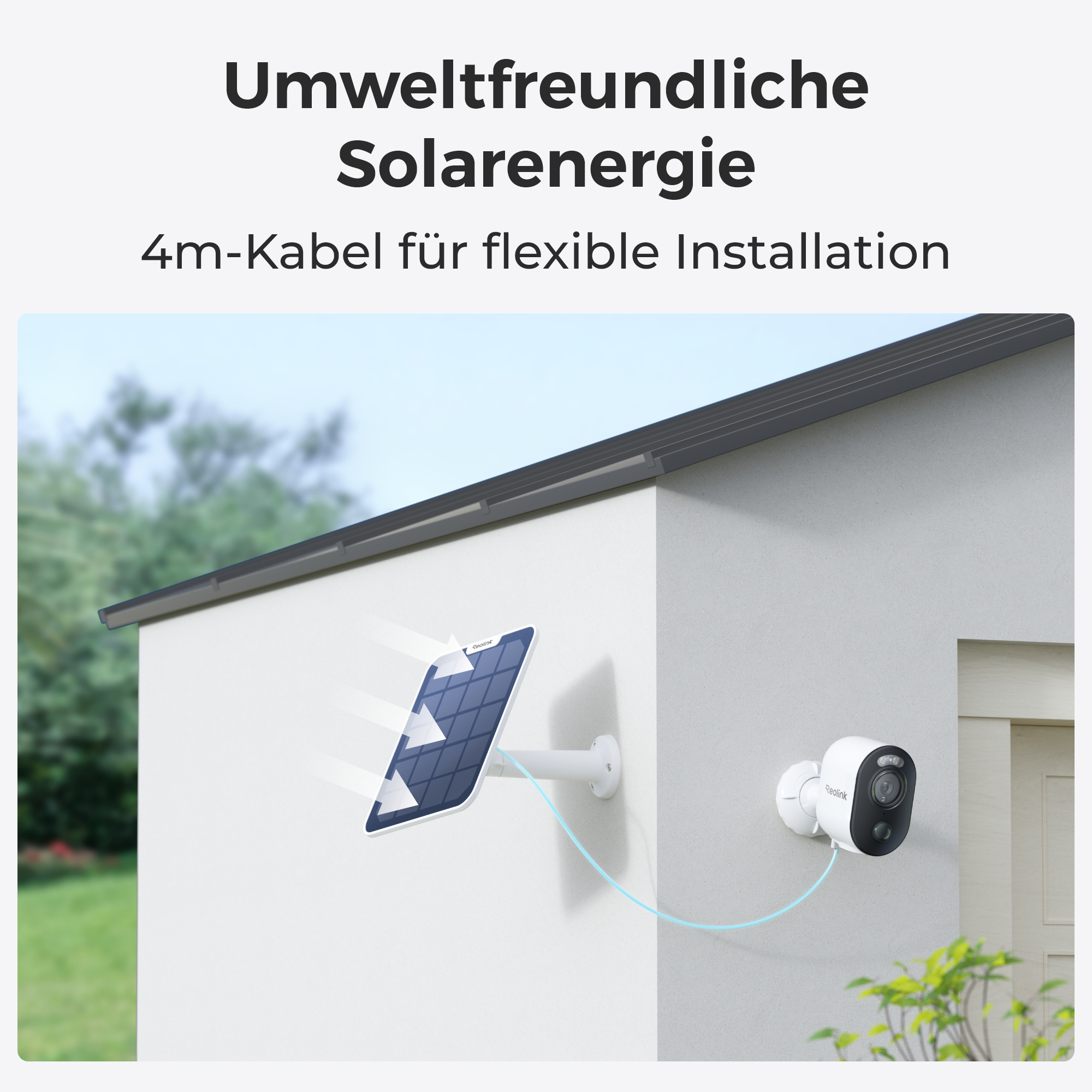 Weiße Überwachungskamera und Solarpanel an Hauswand, verbunden mit blauem Kabel.