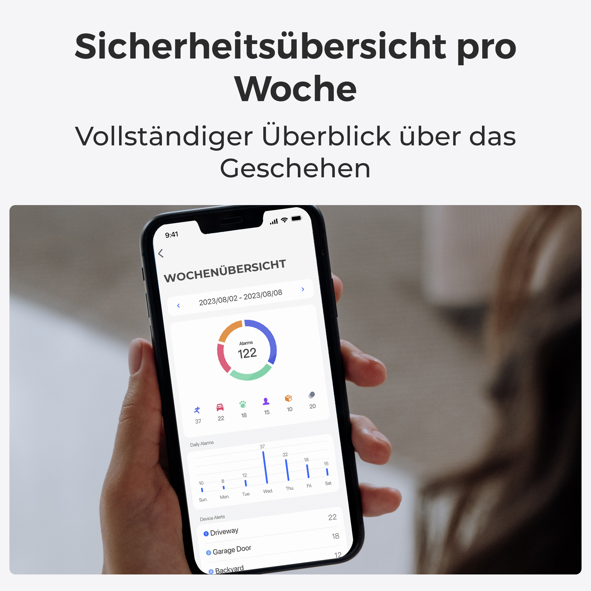 Hand hält ein Smartphone mit einer wöchentlichen Sicherheitsübersicht.