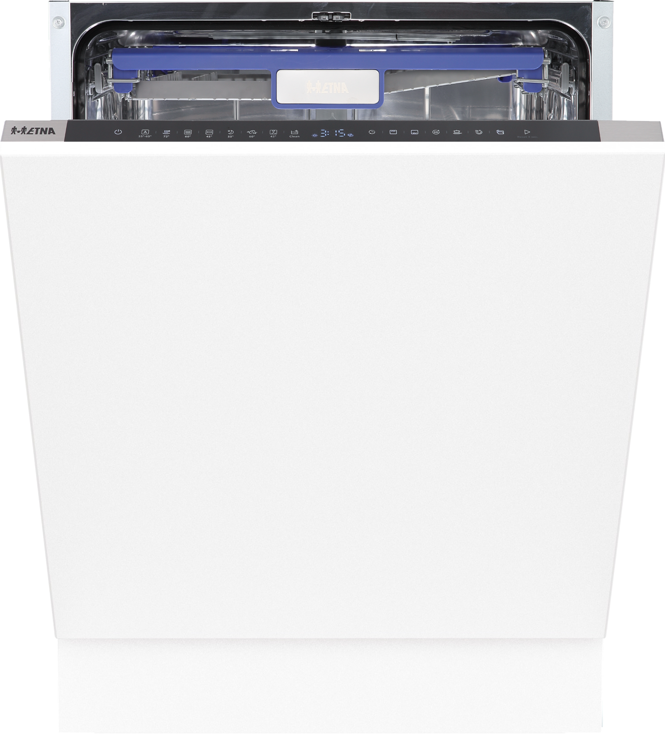 A white dishwasher with its door open, showing a blue rack inside.