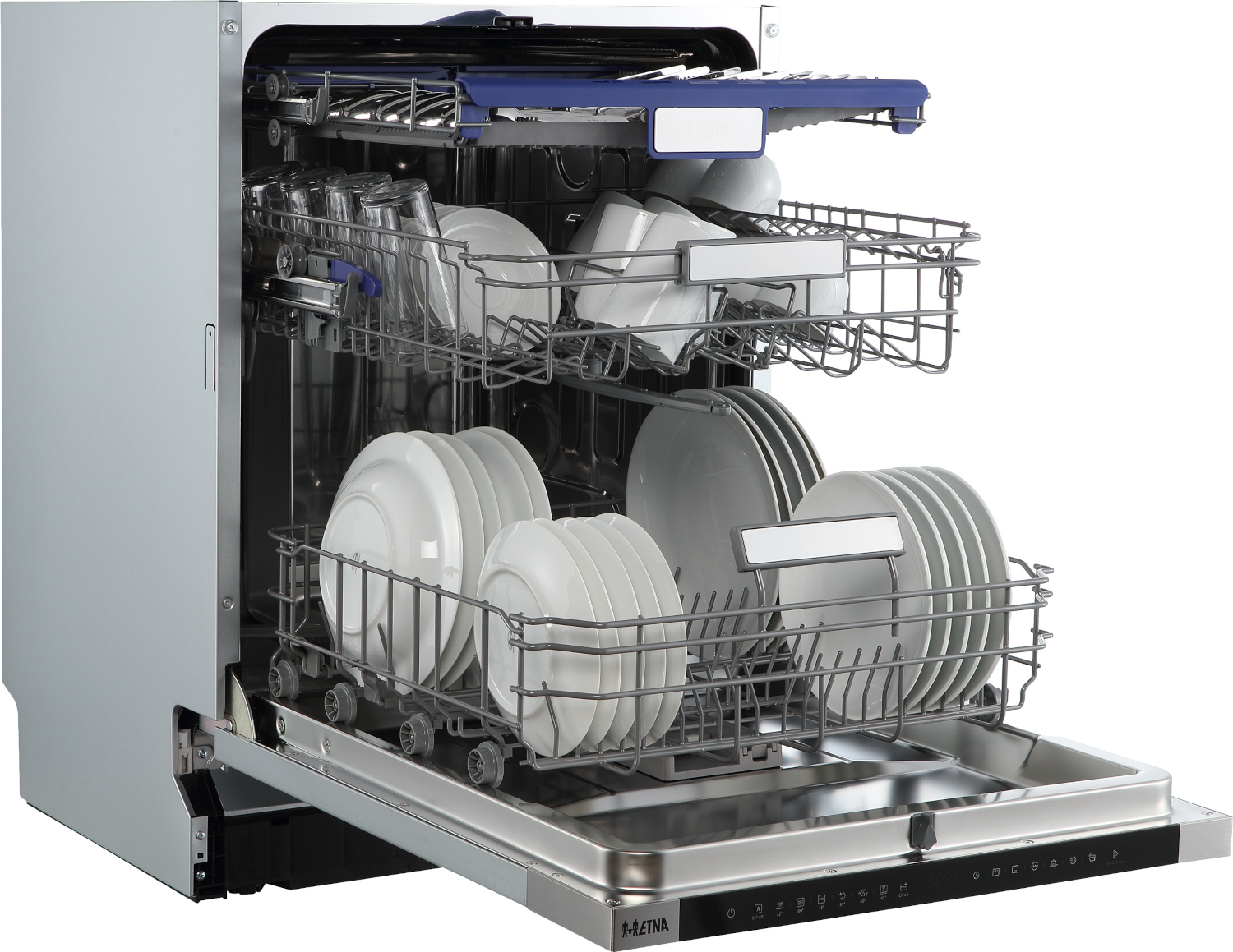 Open dishwasher with two racks filled with clean white dishes and glasses.