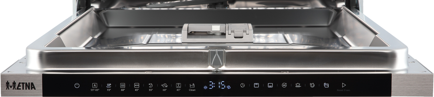 Interior view of an open dishwasher with digital display and control buttons.