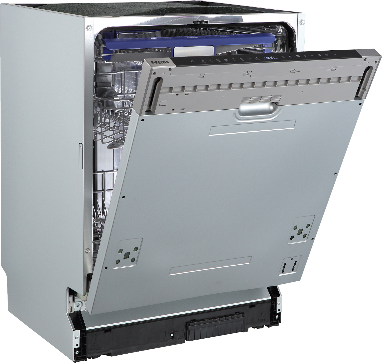 A silver dishwasher with the door open, showing racks and control panel.