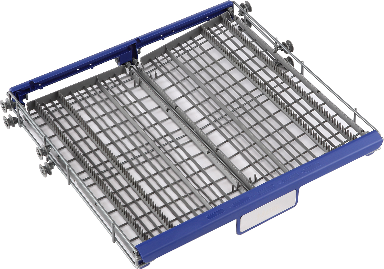 A pull-out dishwasher rack with blue handles and gray racks.