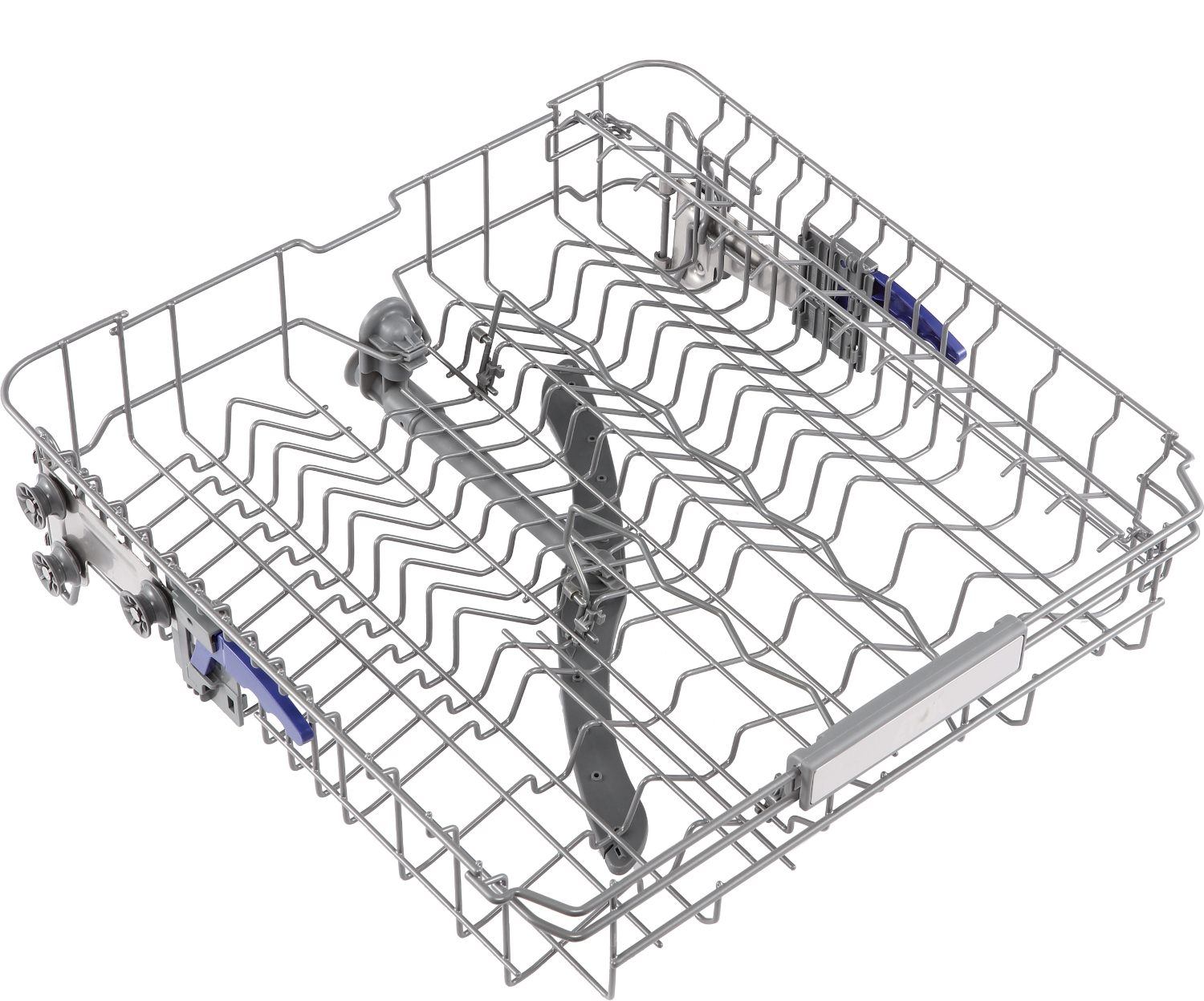 An empty, silver dishwasher rack with wire grids and blue levers.