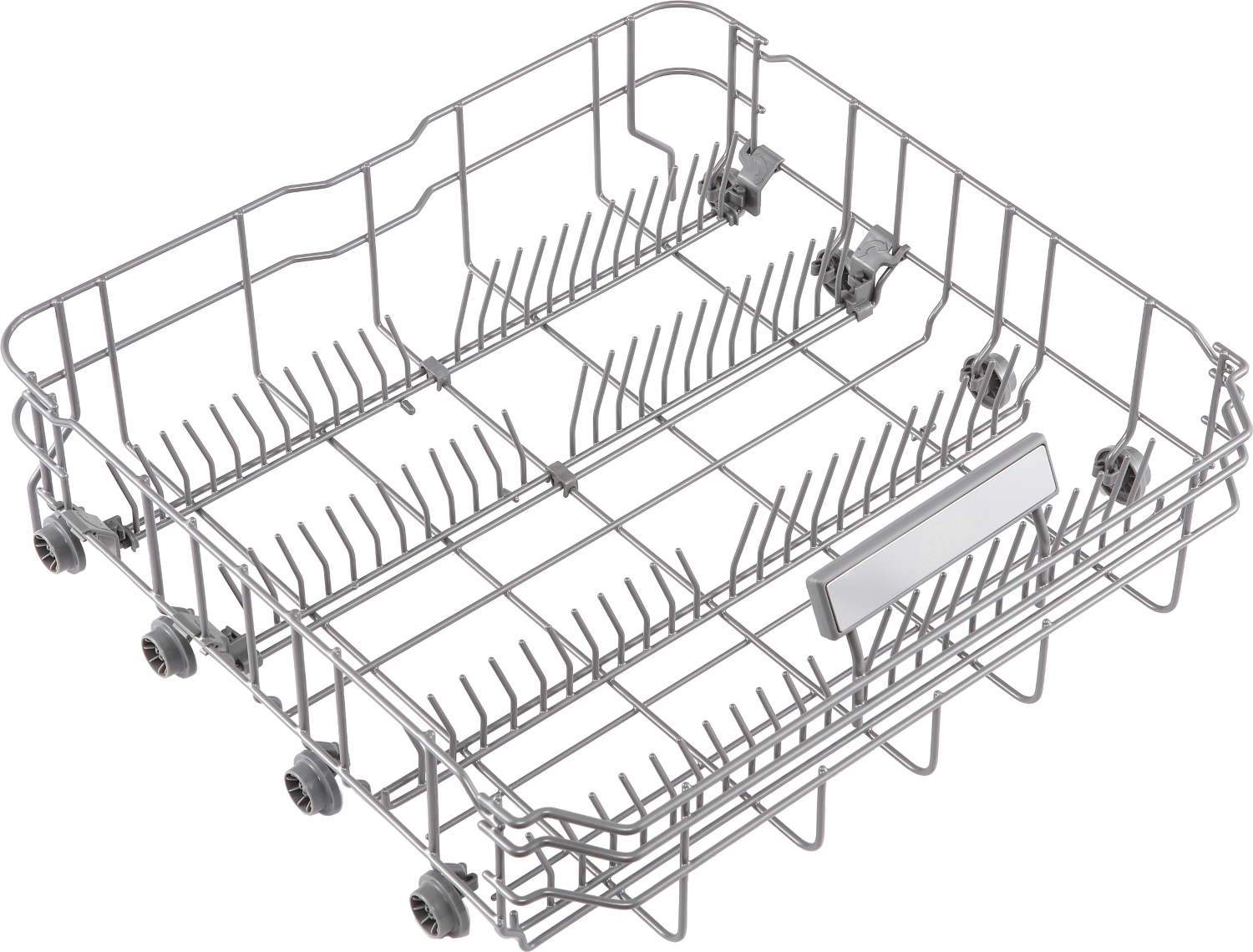 A silver, empty dishwasher rack with many tines and wheels.