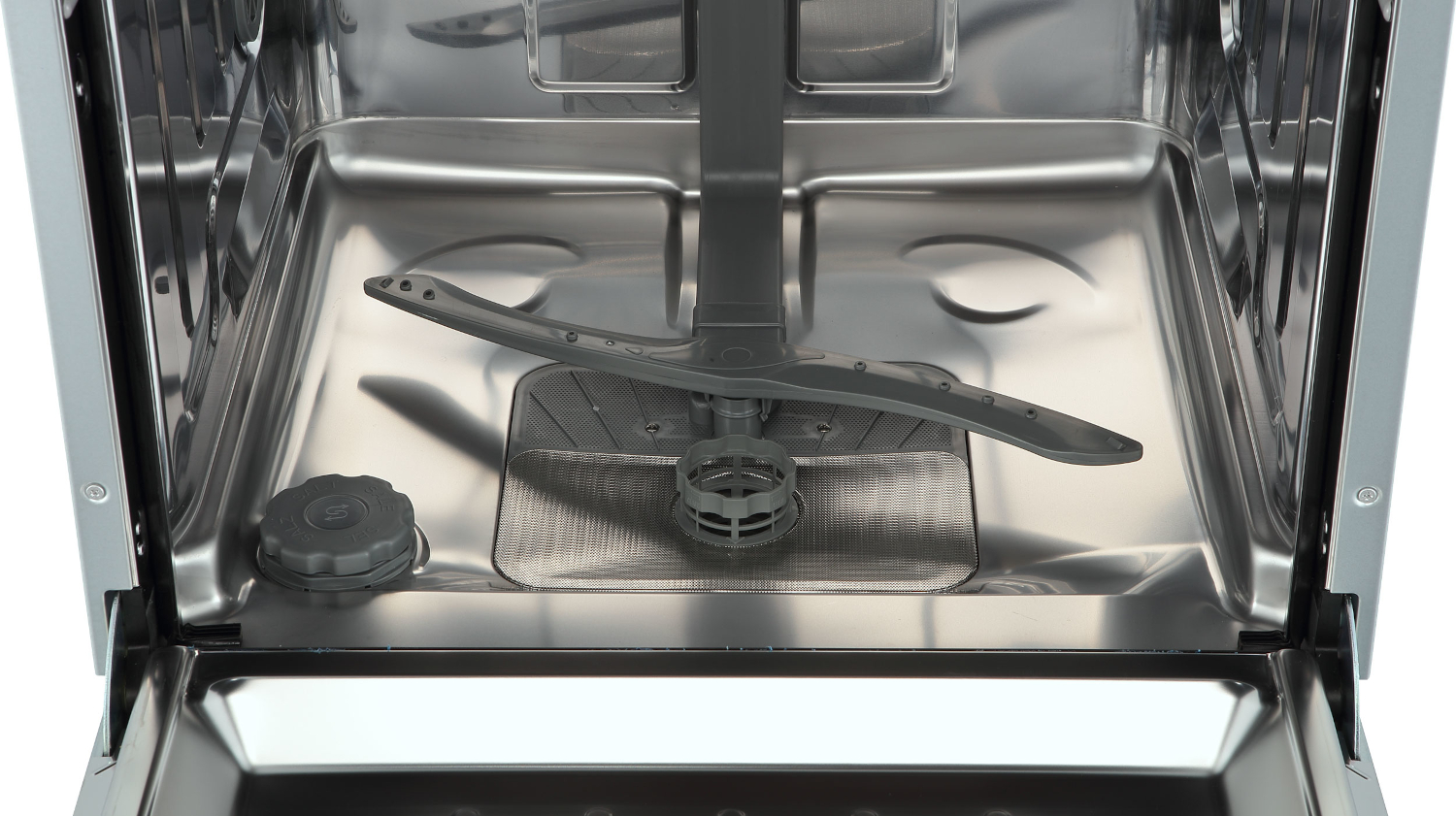Interior of a dishwasher with spray arm, filter, and lid.