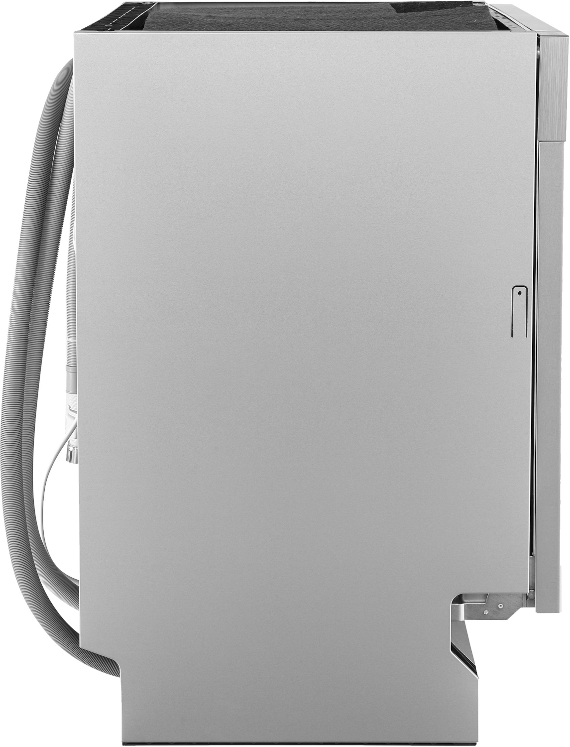 Gray dishwasher seen from the side with hoses.
