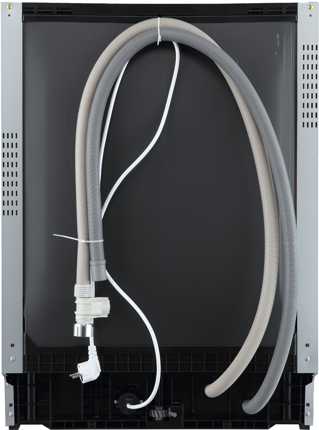 Back of an appliance showing hoses, cables, and a plug.
